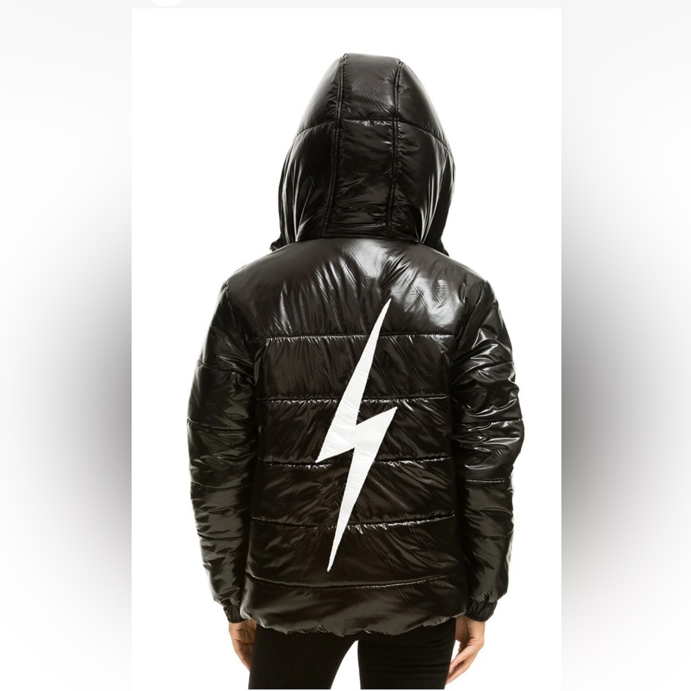 New AVIATOR NATION Bolt Luxe Trekker Hooded Puffer Jacket Glossy Black XS SKI